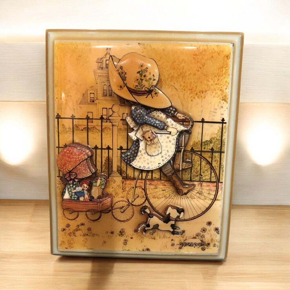 Vtg Starbard Country Kid On Cycle 3D Litho Plaque Wall Hanging 6" Holly‎ Hobby